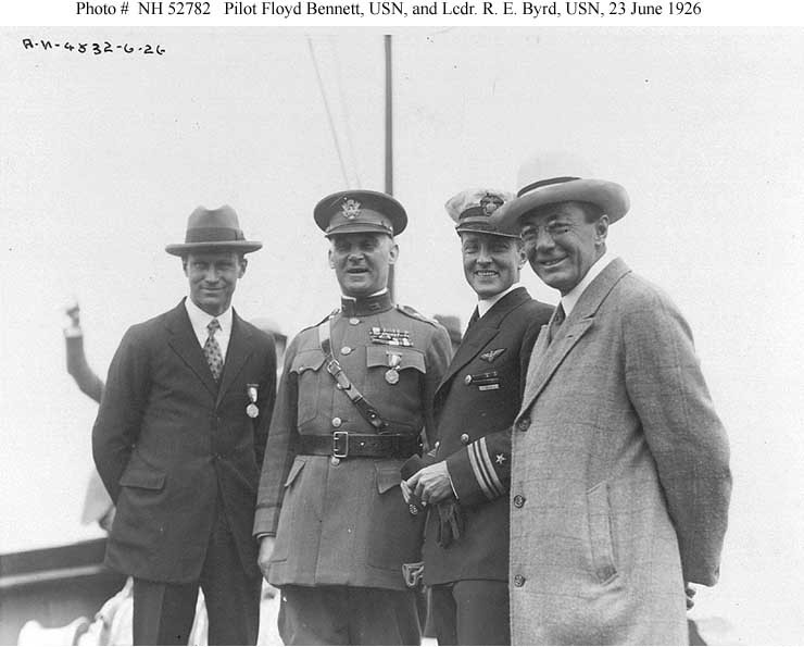 Photo #: NH 52782  Lieutenant Commander Richard E. Byrd, USN, (center)  and Chief Aviation Pilot Floyd Bennett, USN, (far left)