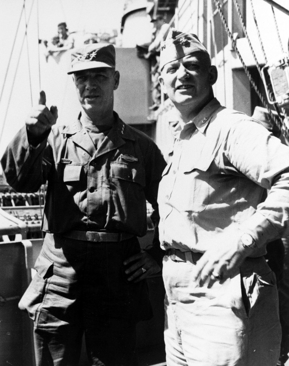 Photo #: NH 93208  Lieutenant General James A. Van Fleet, U.S. Army (left), Commanding General, Eighth Army, and Rear Admiral Arleigh A. Burke, USN, Commander, Cruiser Division Five
