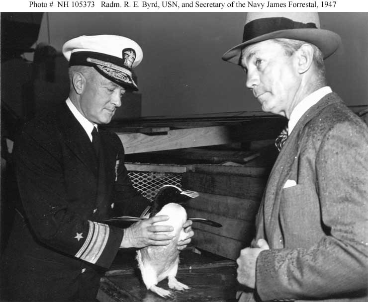 Secretary of the Navy James V. Forrestal, (right), and Rear Admiral Richard E. Byrd, USN (left)