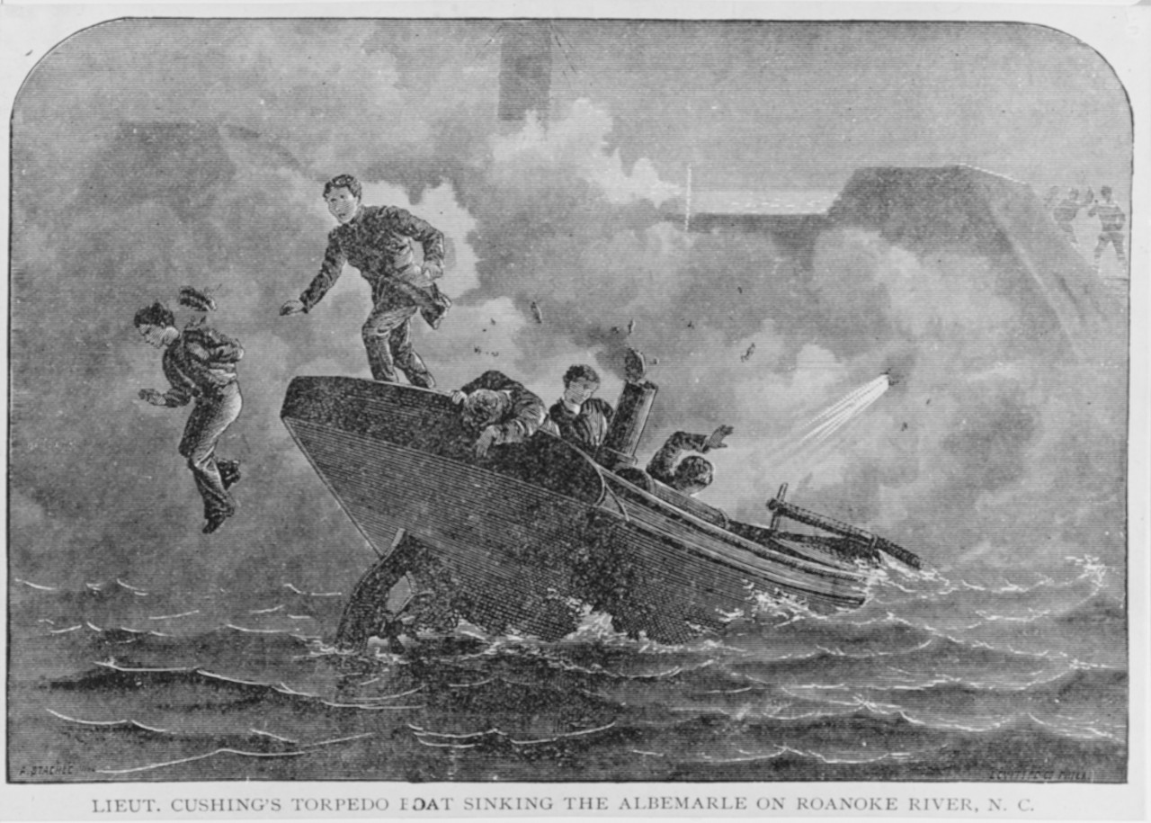 Photo #: NH 42220  Lieut. Cushing's Torpedo Boat sinking the Albemarle on Roanoke River, N.C.
