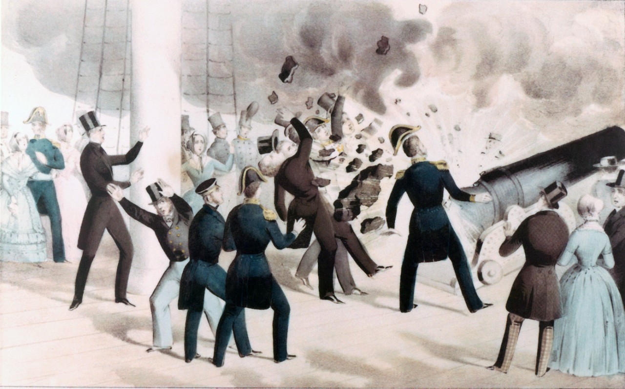 <p>(Color) &quot;Awful Explosion of the 'Peace-Maker' on board the U.S. Steam Frigate Princeton, on Wednesday, 28th Feby. 1844&quot;</p>
