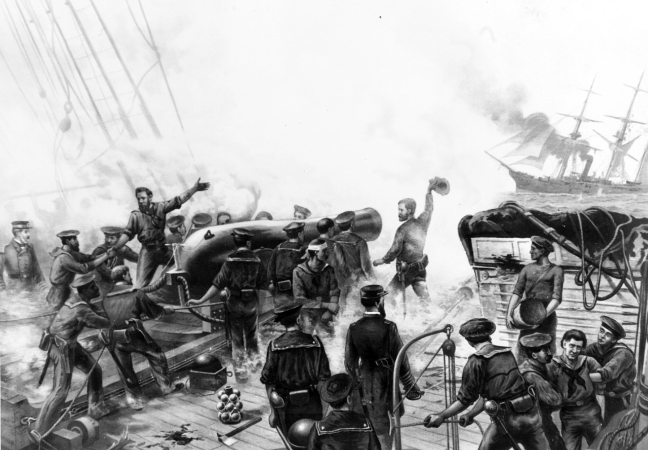 Photo #: NH 1261  &quot;Hauling Down the Flag -- Surrender of the Alabama to the Kearsarge off Cherbourg, France, 19 June 1864&quot;