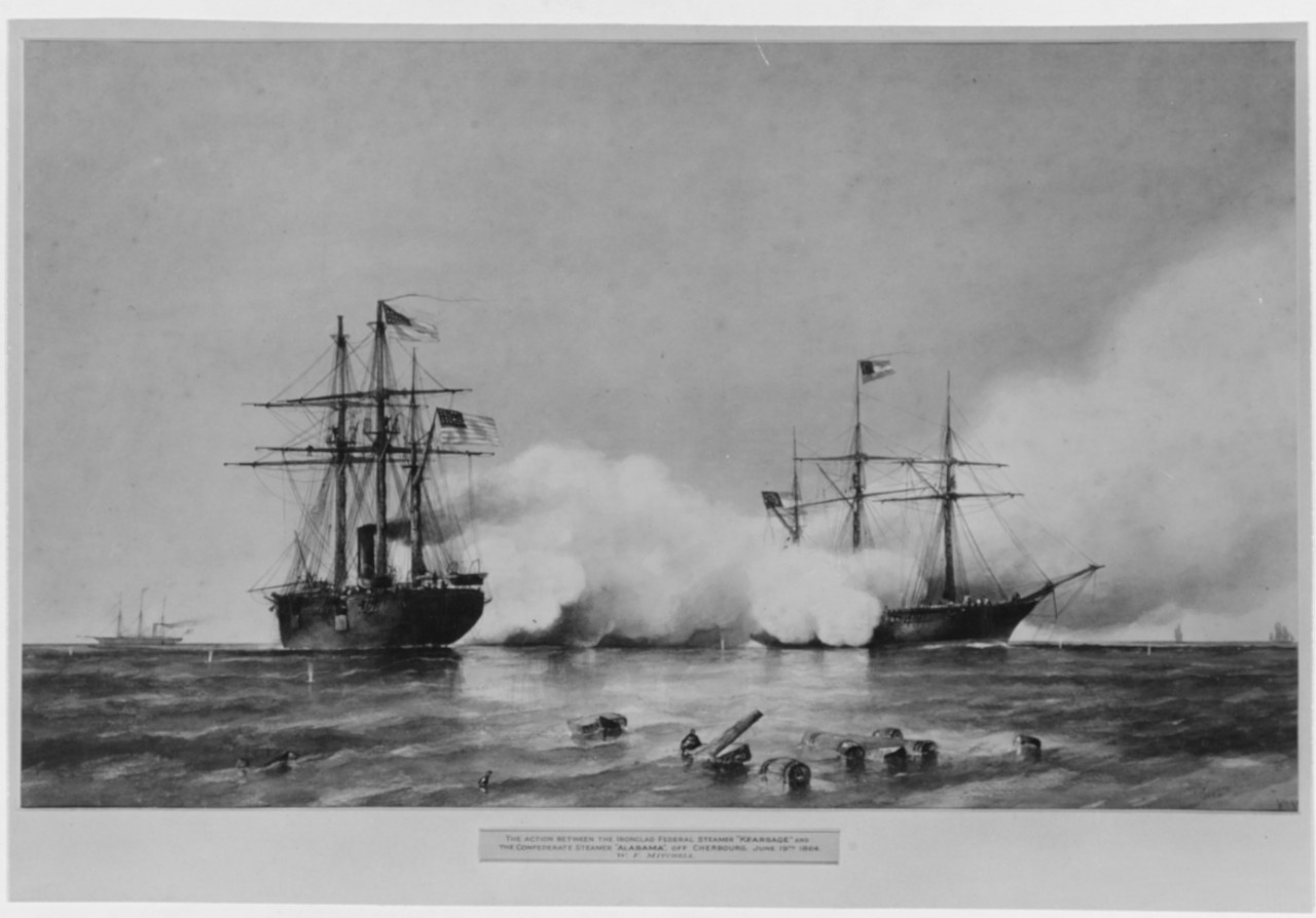 Photo #: NH 42376  &quot;The action between the Ironclad Federal steamer 'Kearsarge' and the Confederate steamer 'Alabama', off Cherbourg, June 19th 1864.&quot;