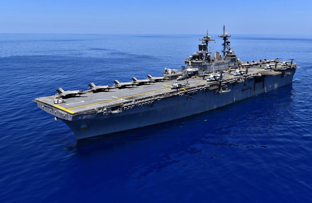 USS Wasp (LHD-1) in the South China Sea with aircraft on deck 