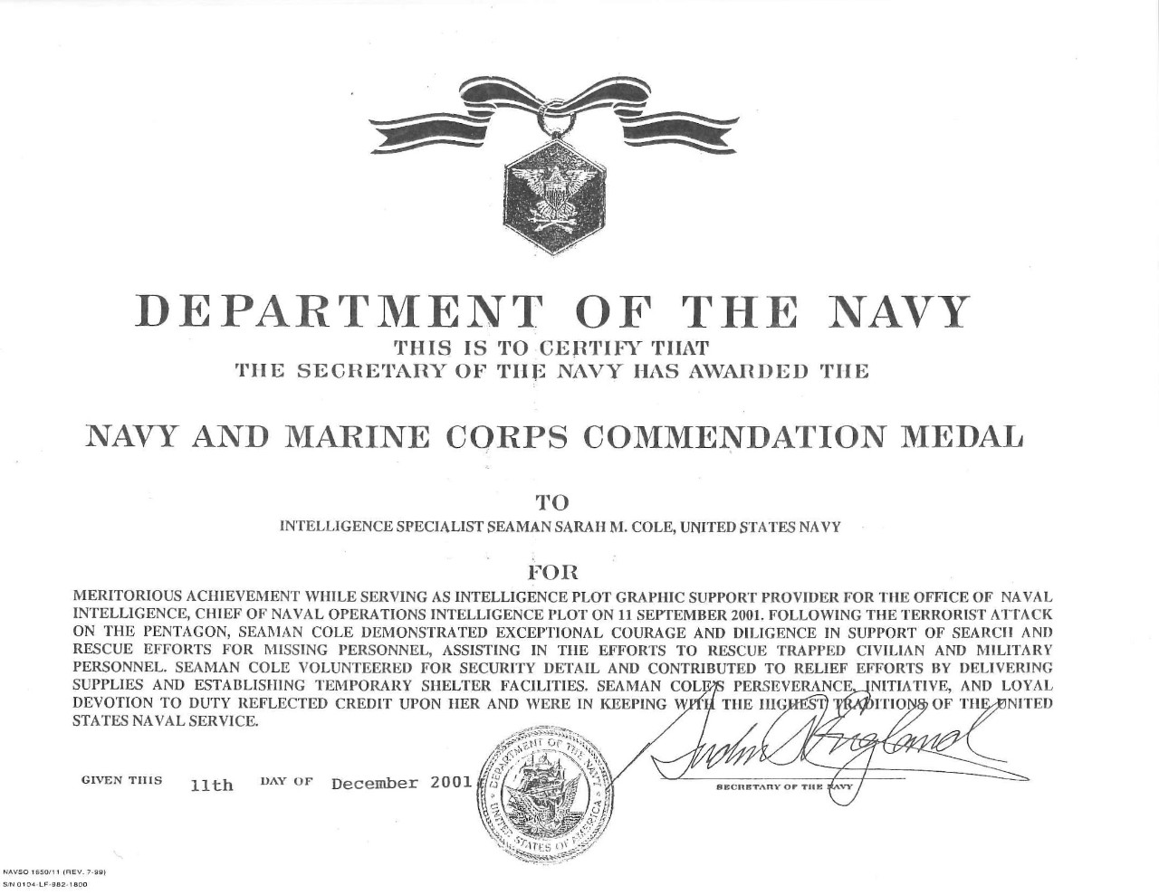 Cole, Sarah SN Navy and Marine Corps Commendation Medal