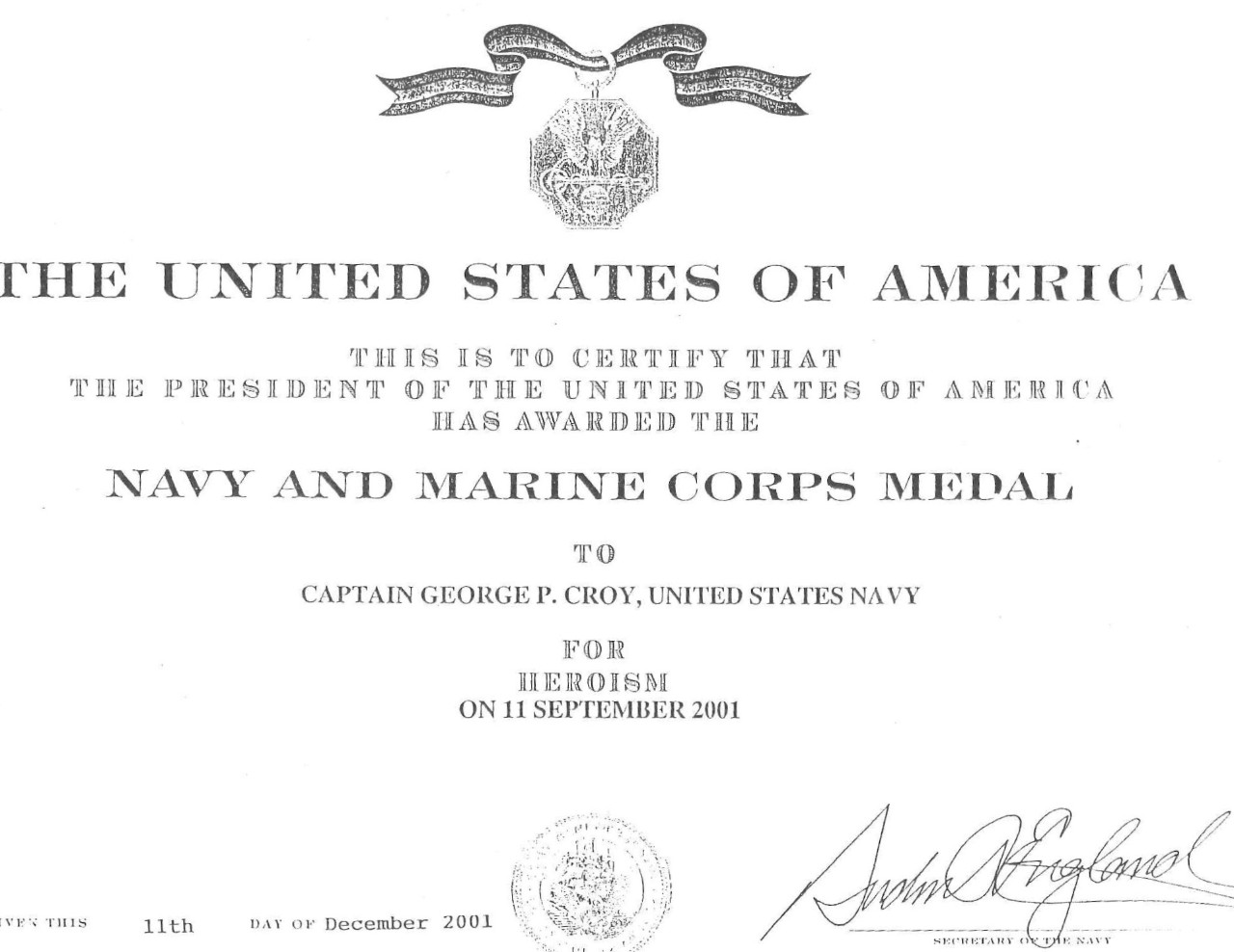 Croy, George CAPT Navy and Marine Corps Medal