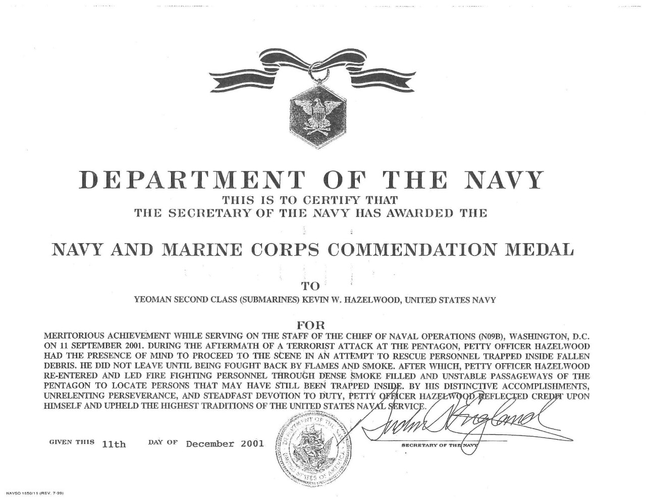 Hazelwood, Kevin YN2 Navy and Marine Corps Commendation Medal