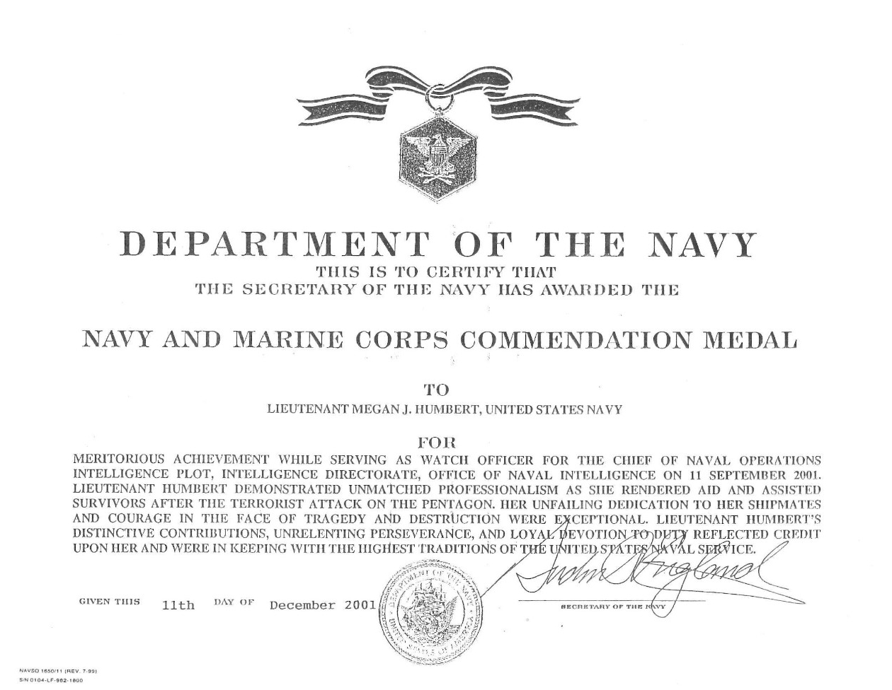 Humbert, Megan LT Navy and Marine Corps Commendation Medal