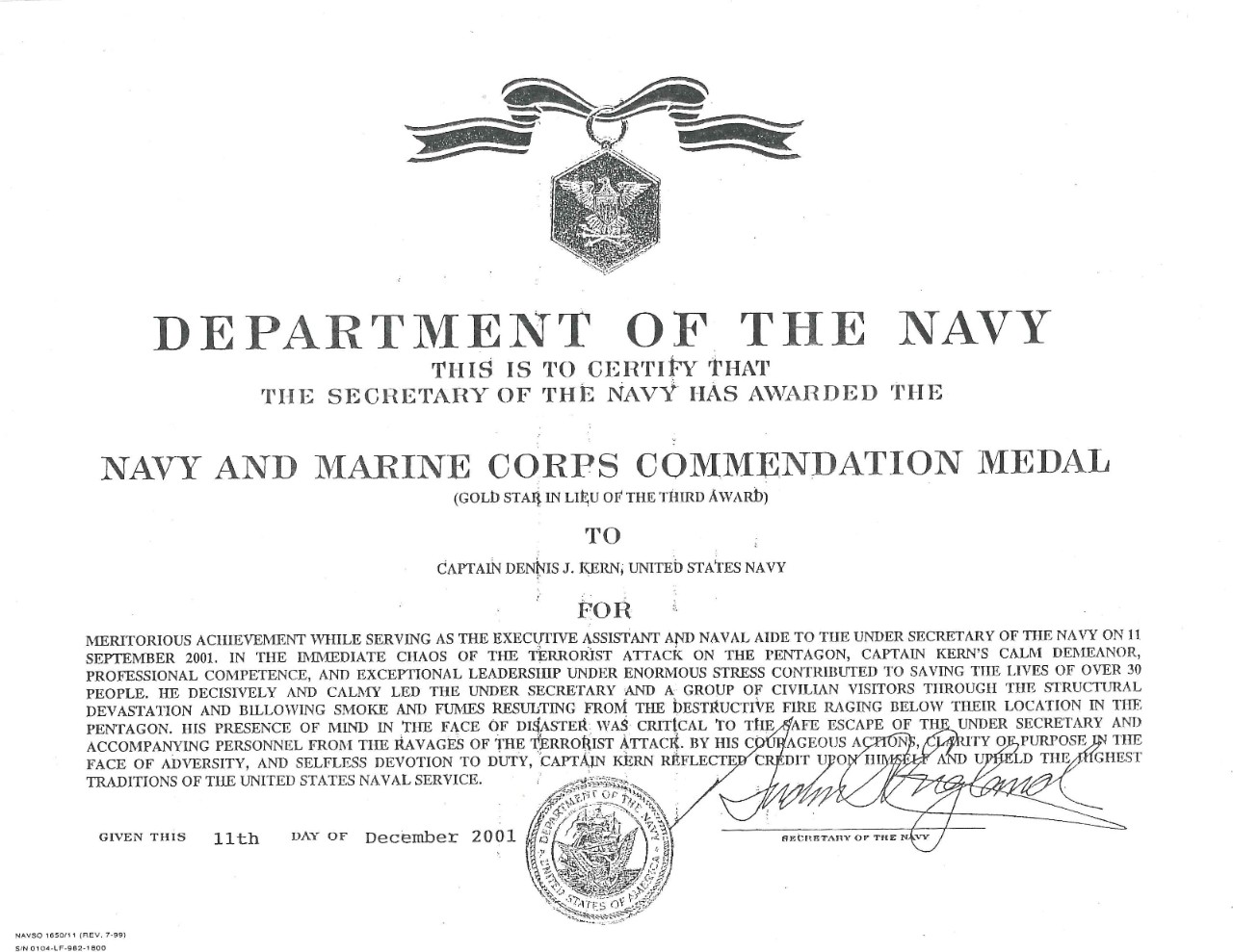 Kern, Dennis CAPT Navy and Marine Corps Commendation Medal