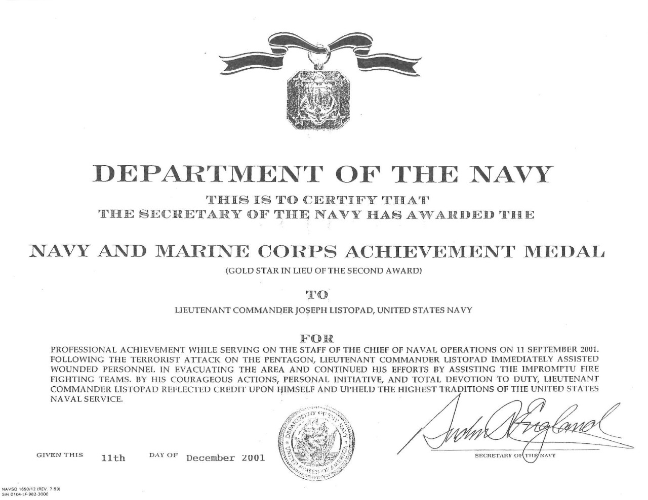 Listopad, Joe LCDR Navy and Marine Corps Achievement Medal