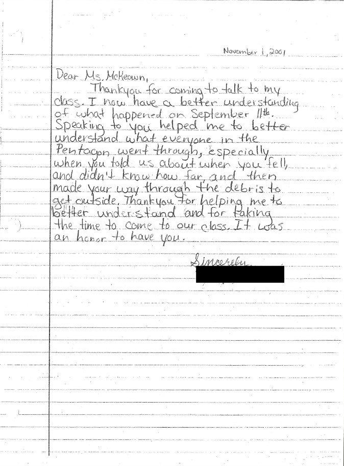 Thank You Letter Received by LTJG Nancy McKeown
