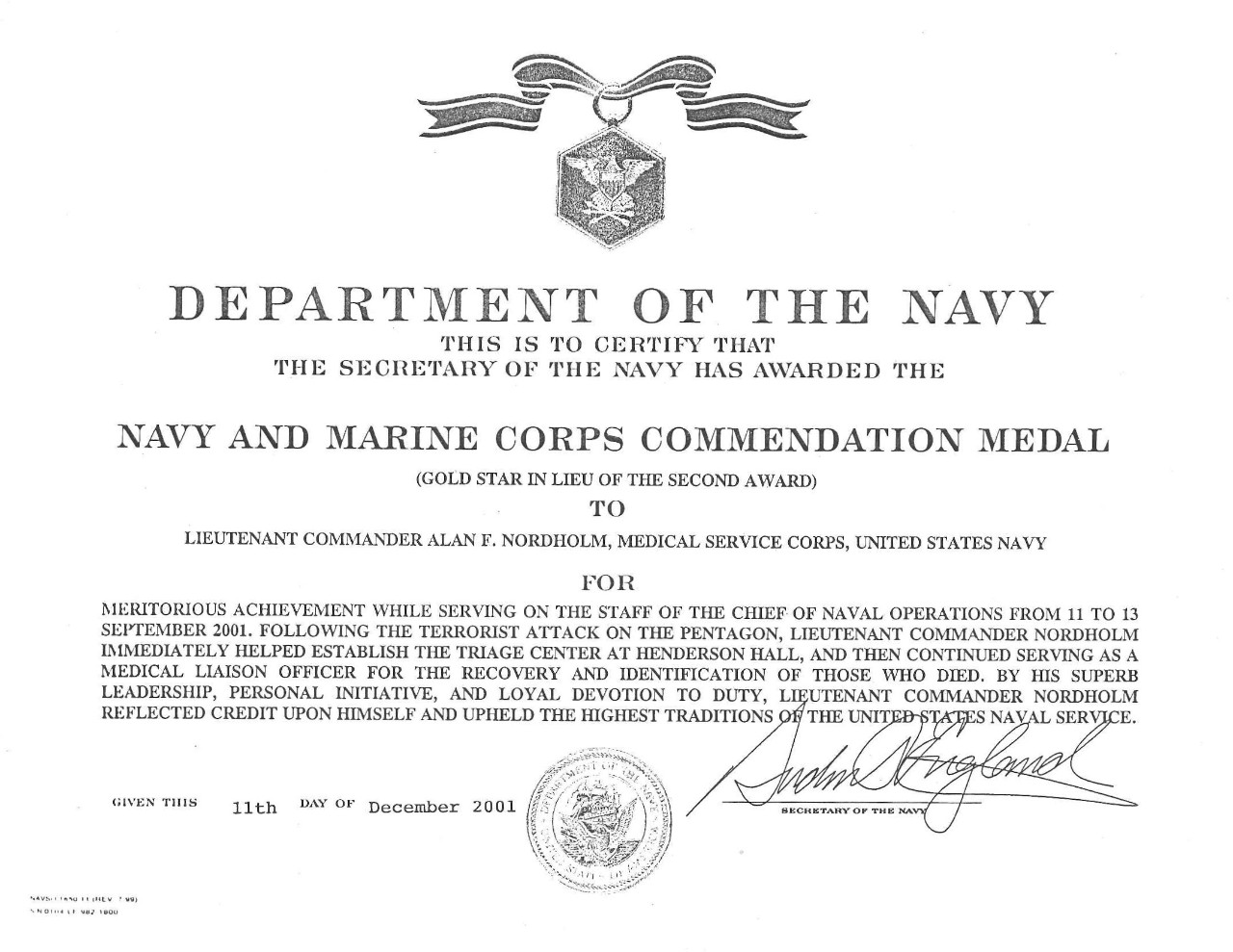 Nordholm, Alan LCDR Navy and Marine Corps Commendation Medal