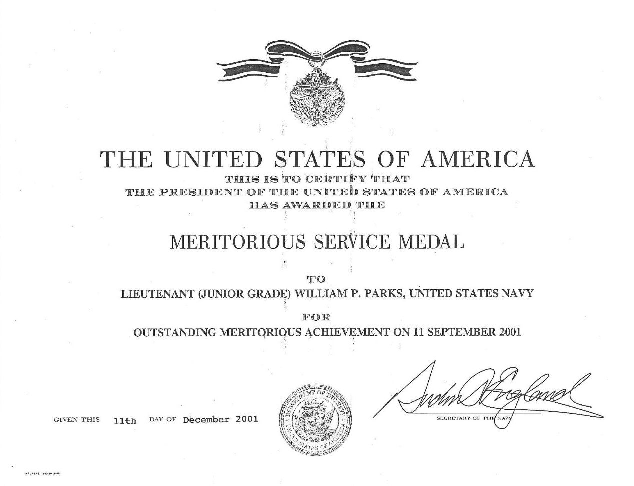 Parks, William ENS Meritorious Service Medal