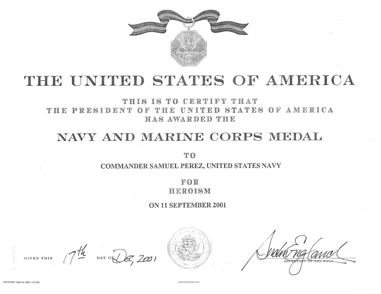 Perez, Samuel CDR Navy and Marine Corps Medal