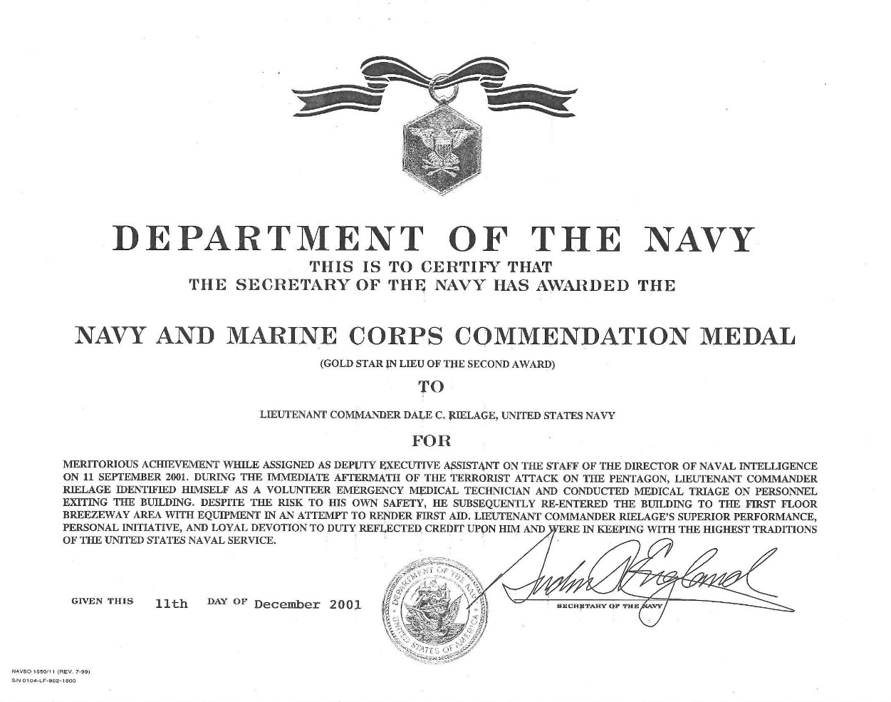 Rielage, Dale LCDR Navy and Marine Corps Commendation Medal