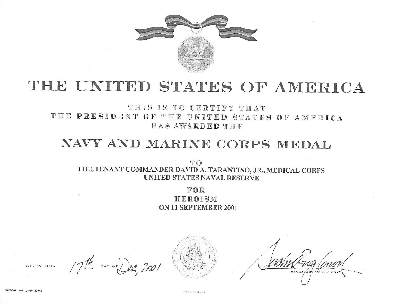 Tarantino, David LCDR Navy and Marine Corps Medal