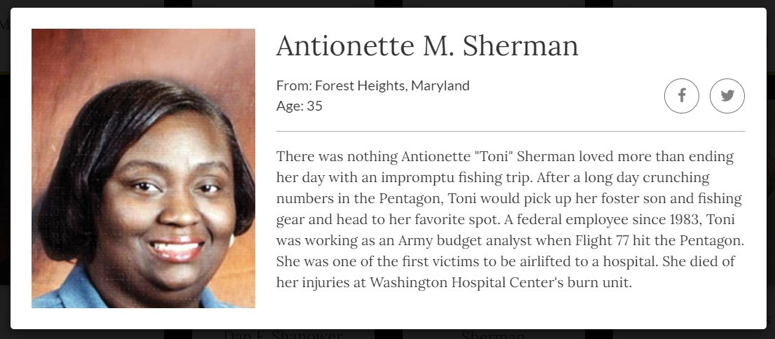 Department of Defense Pentagon Memorial Website Biography for Antionette Sherman