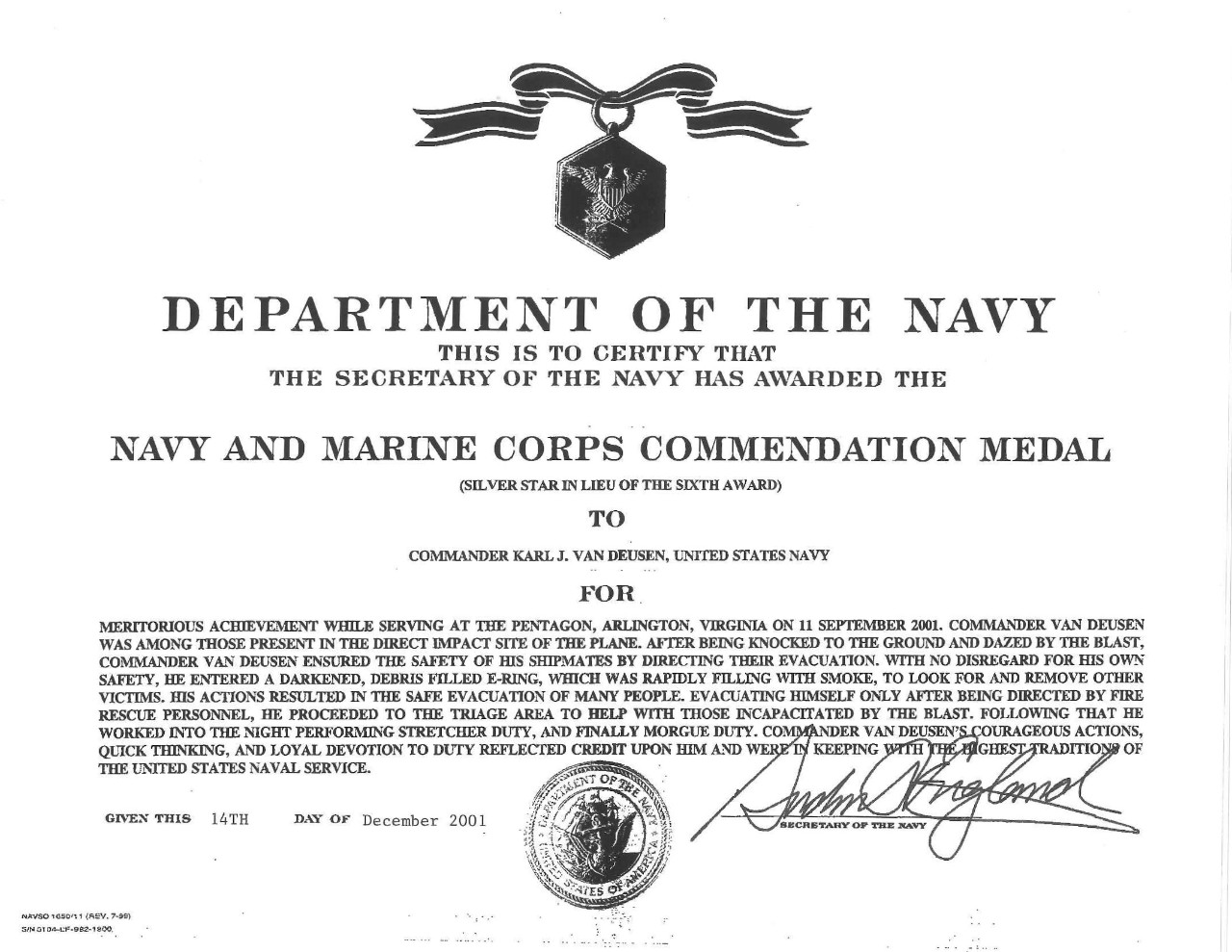 Van Deusen, Karl CDR Navy and Marine Corps Commendation Medal