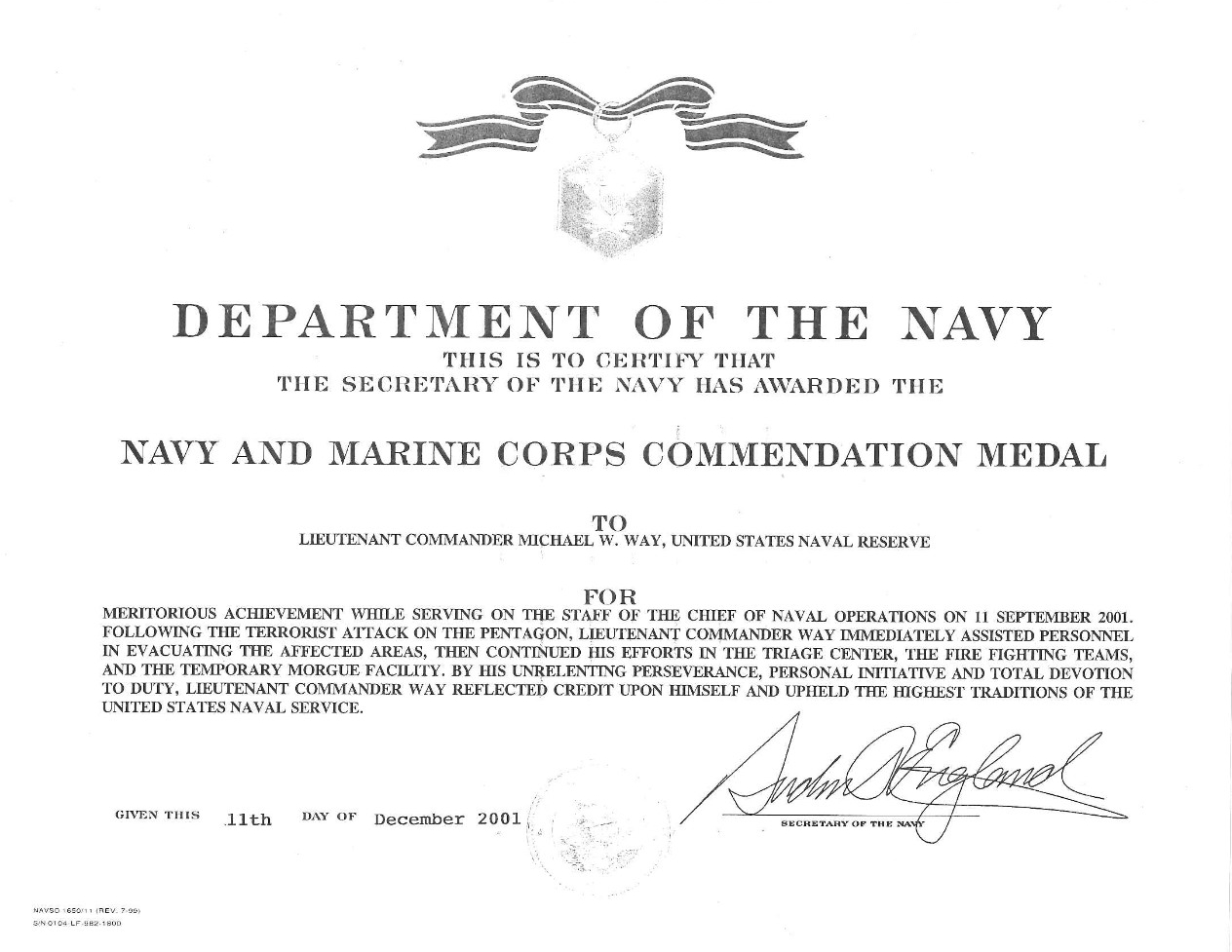 Way, Michael LCDR Navy and Marine Corps Commendation Medal