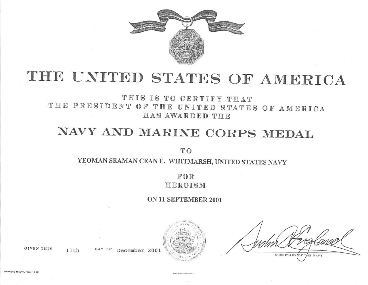 Whitmarsh, Cean YNSN Navy and Marine Corps Medal