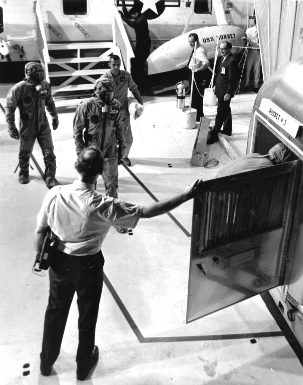 <p>Astronauts from Apollo 11 enter the Mobile Quarantine Facility</p>
