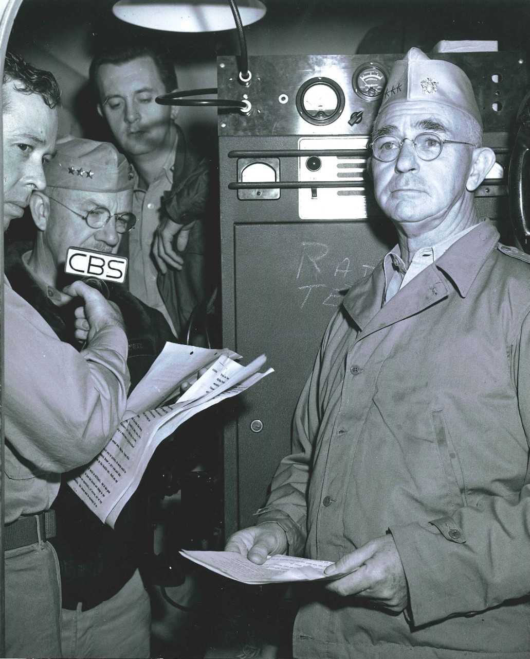 <p>Photo of CBS radio broadcast during Battle for Iwo Jima with Lieutenant General Holland M.&nbsp;Smith, USMC, and Vice Admiral Richmond Kelly Turner, USN, Feb. 1945</p>
