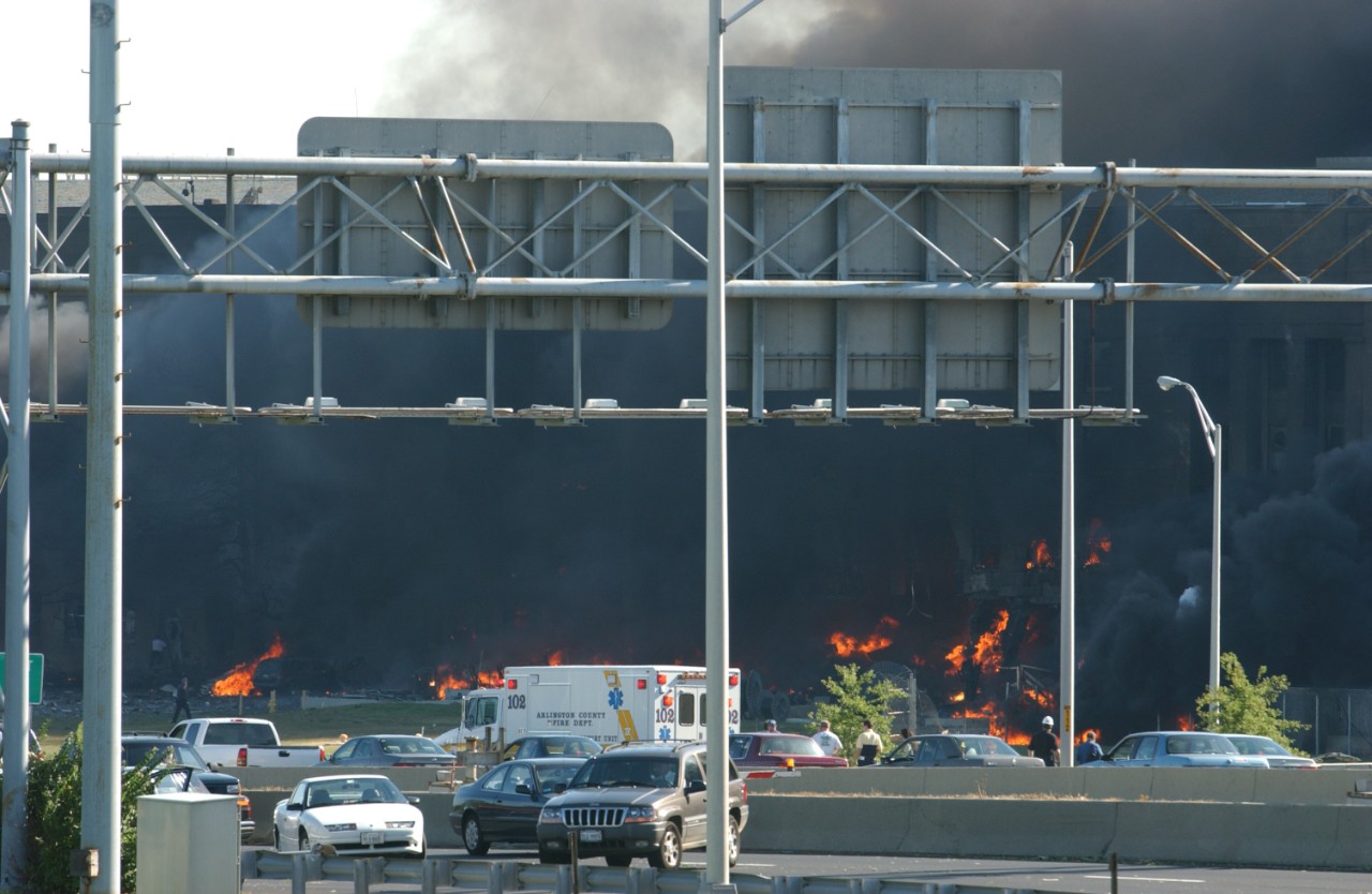 The Pentagon seen from across VA-27 S Washington Blvd a few minutes after American Airlines Flight 77 hit the building, 11 September 2001