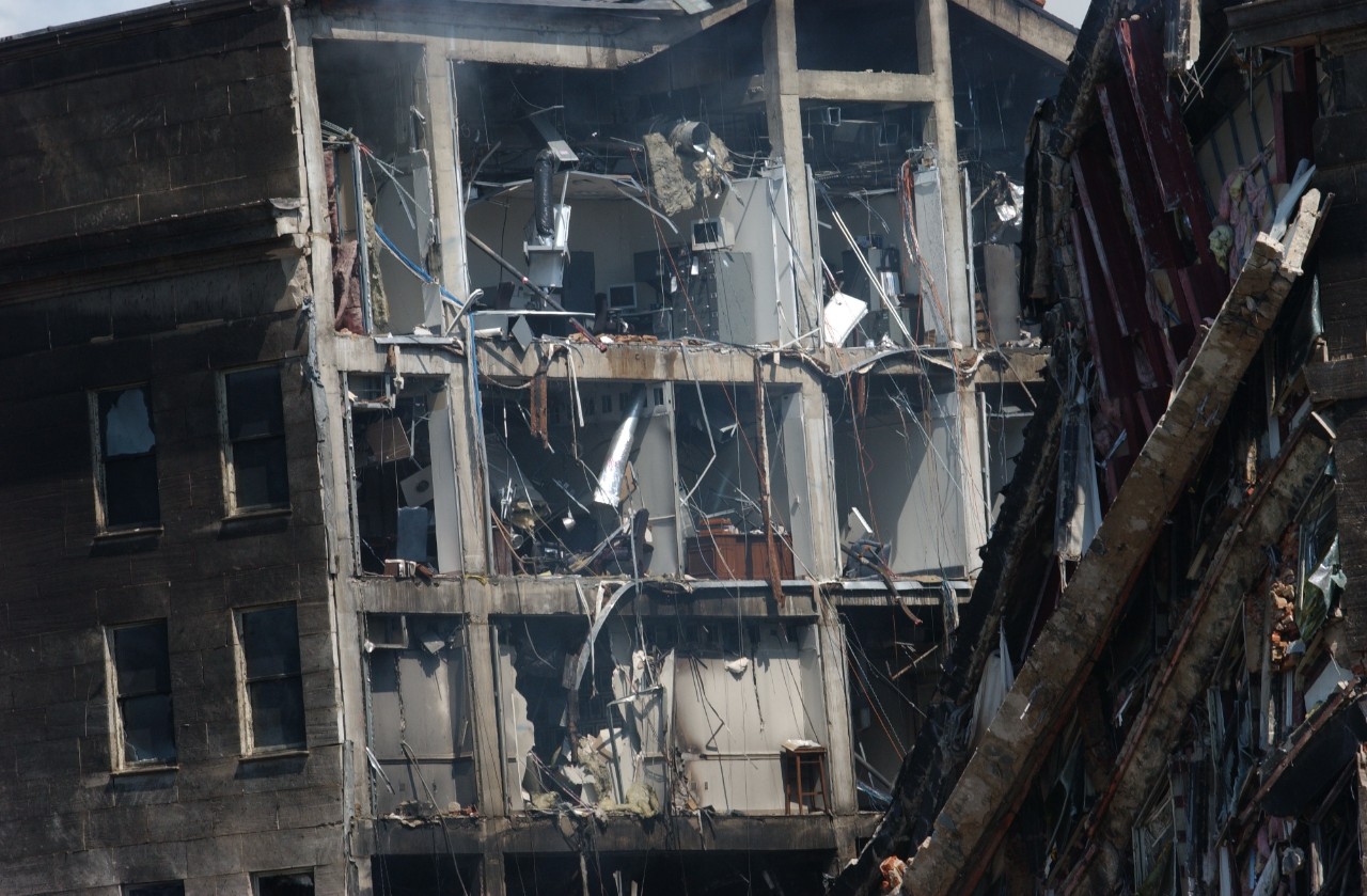 Offices in the E Ring of the Pentagon are left exposed following the collapse of the neighboring section, 11 September 2001
