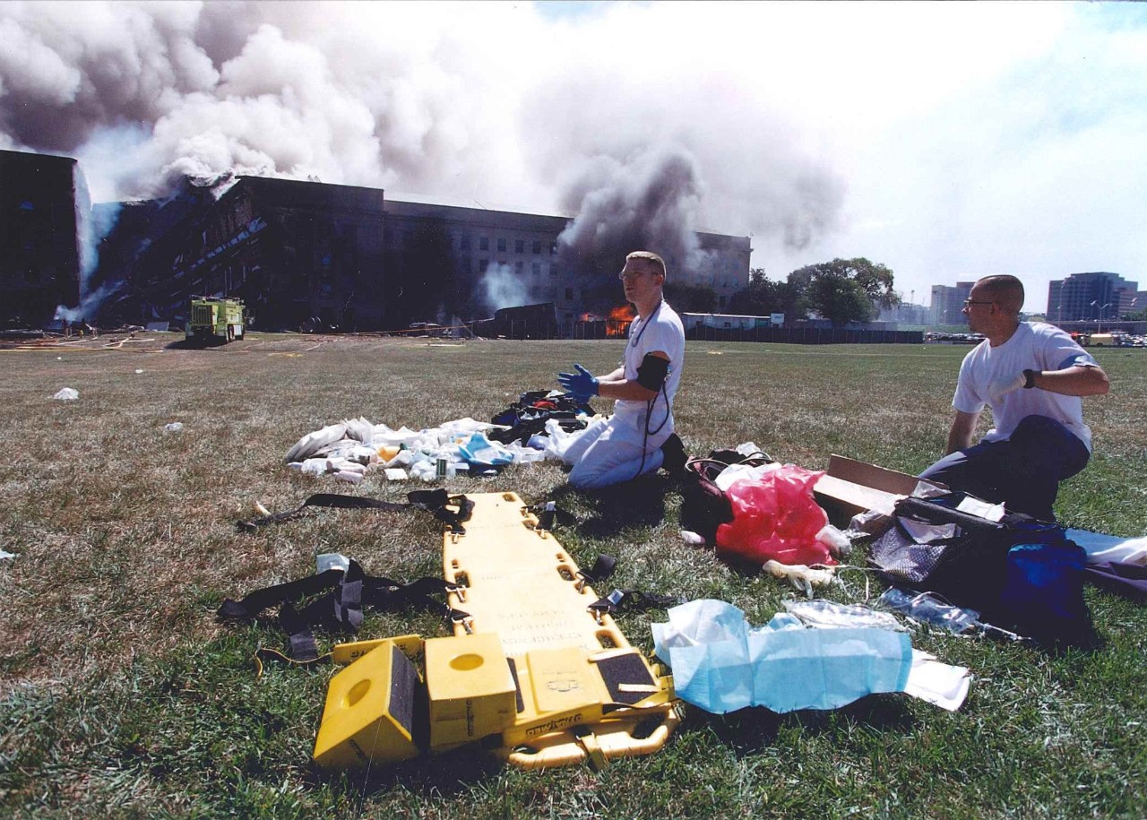 A triage team prepares to work, 11 September 2001