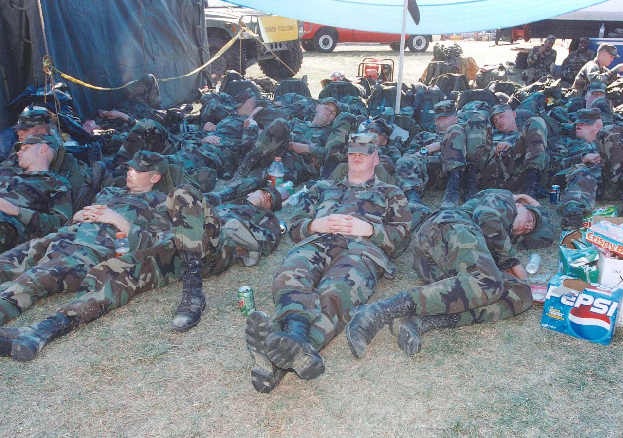 U.S. Army personnel take a break from duty at the Pentagon, 12 September 2001