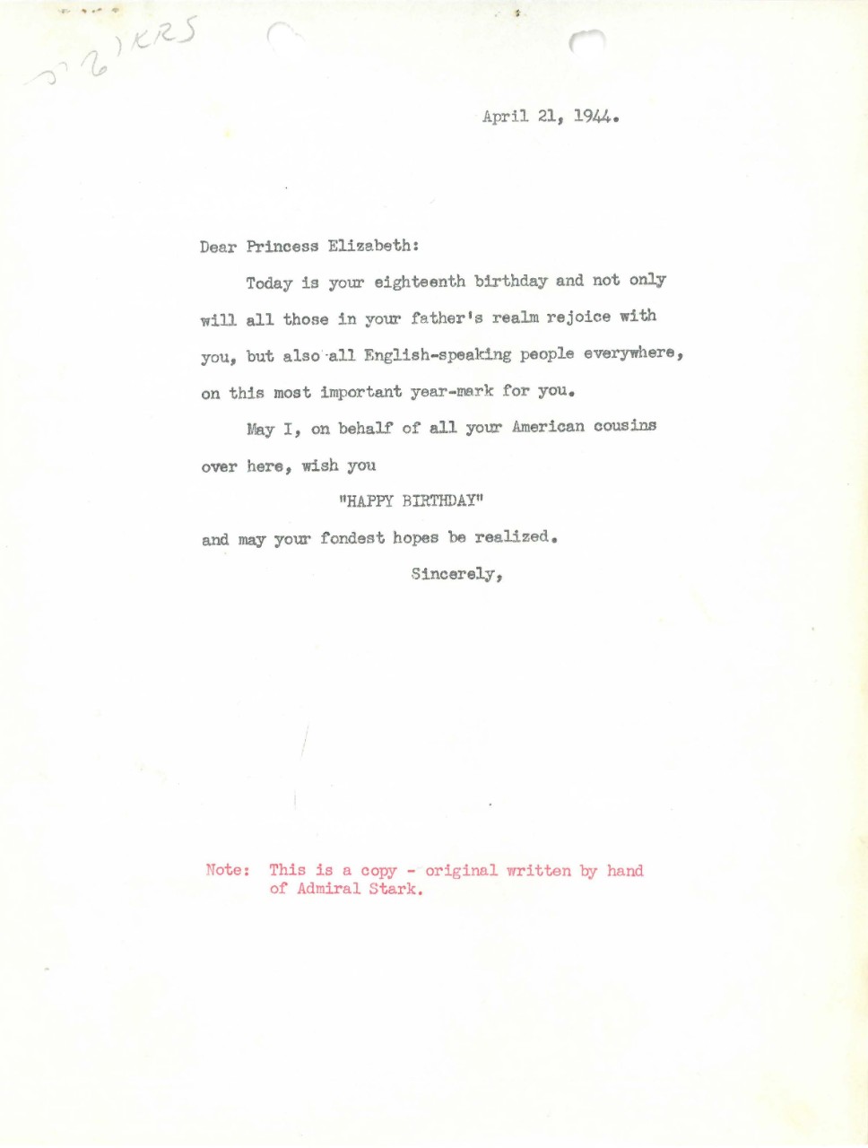 Letter from Admiral Stark to Princess Elizabeth, April 21, 1944