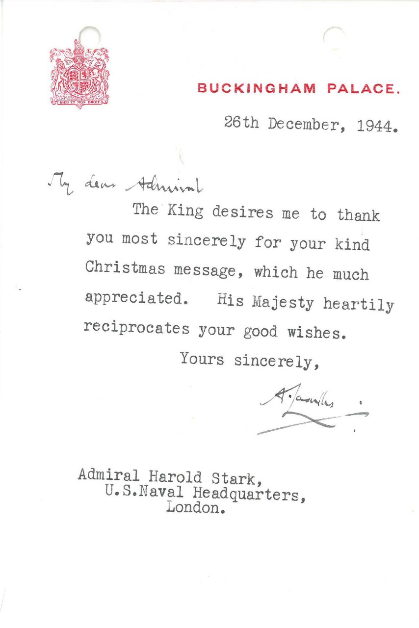 Christmas message from Buckingham Palace to Admiral Stark dated December 26, 1944