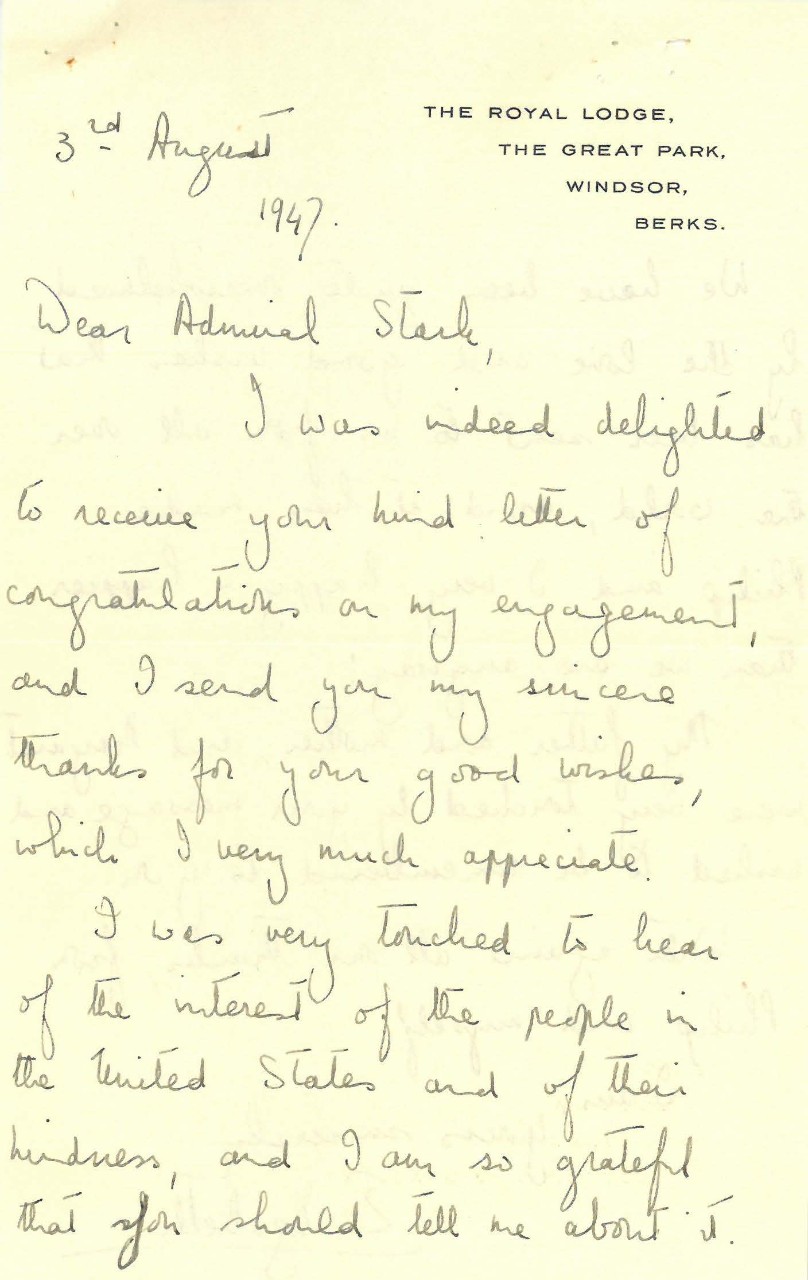 Letter from Princess Elizabeth to Admiral Stark, August 3, 1947 (page 1)