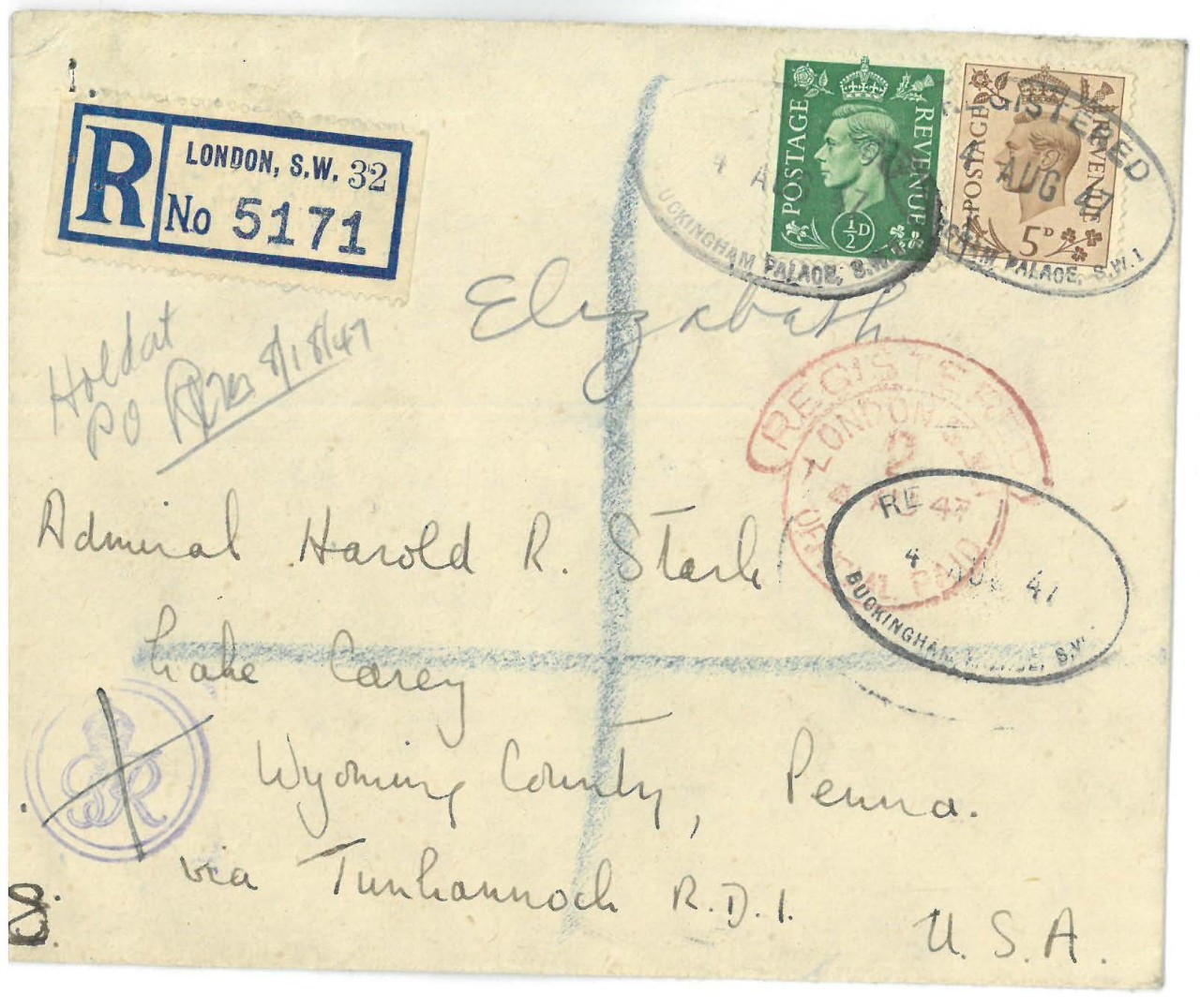 Letter from Princess Elizabeth to Admiral Stark, August 3, 1947 (envelope)