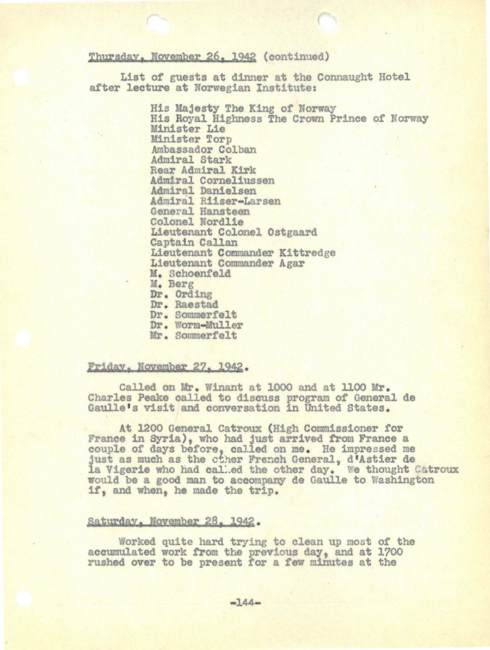 <p>Admiral Stark's Diary Entry for Thanksgiving Day 1942, page 3</p>
