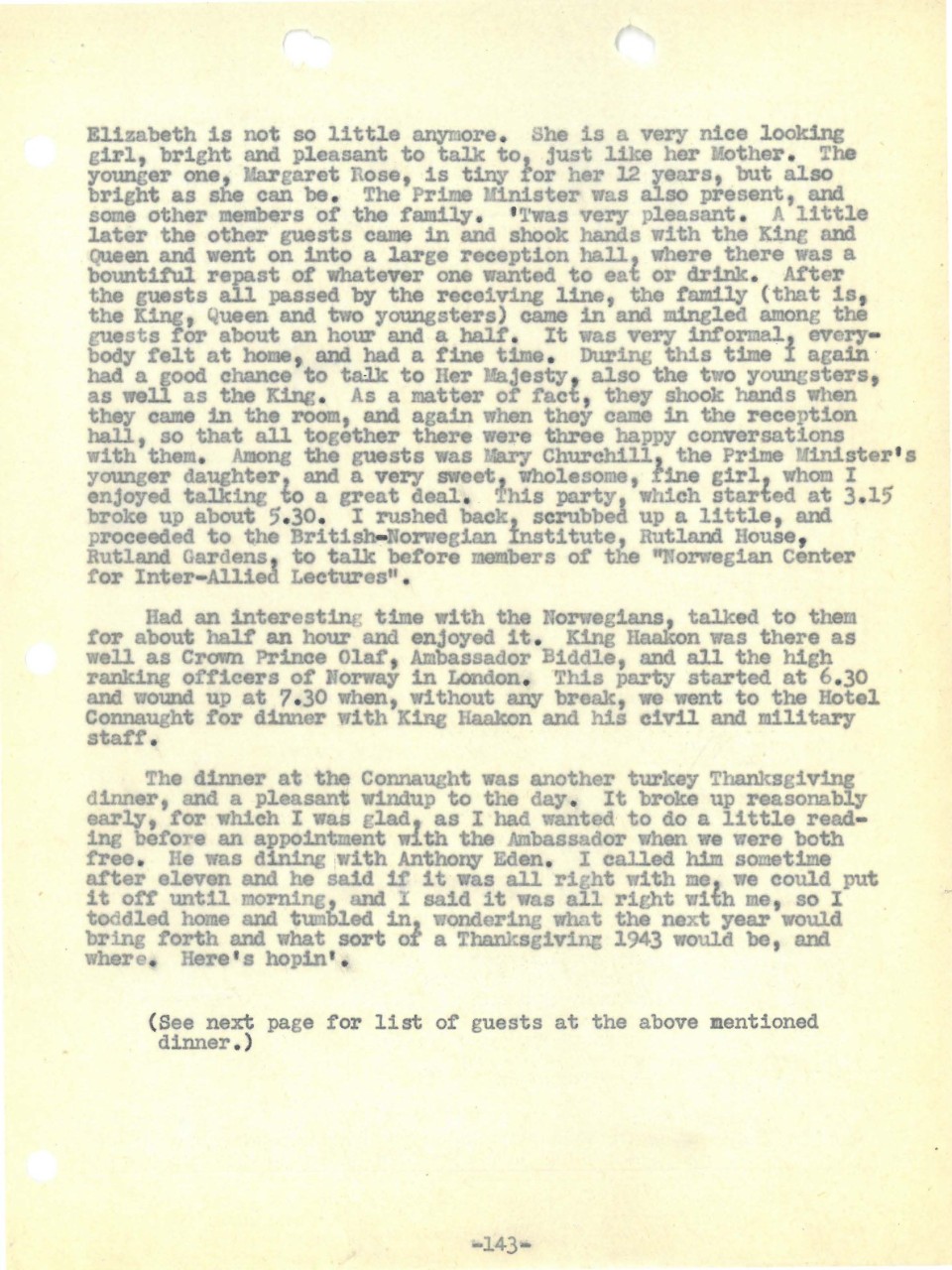 <p>Admiral Stark's Diary Entry for Thanksgiving Day 1942, page 2</p>
