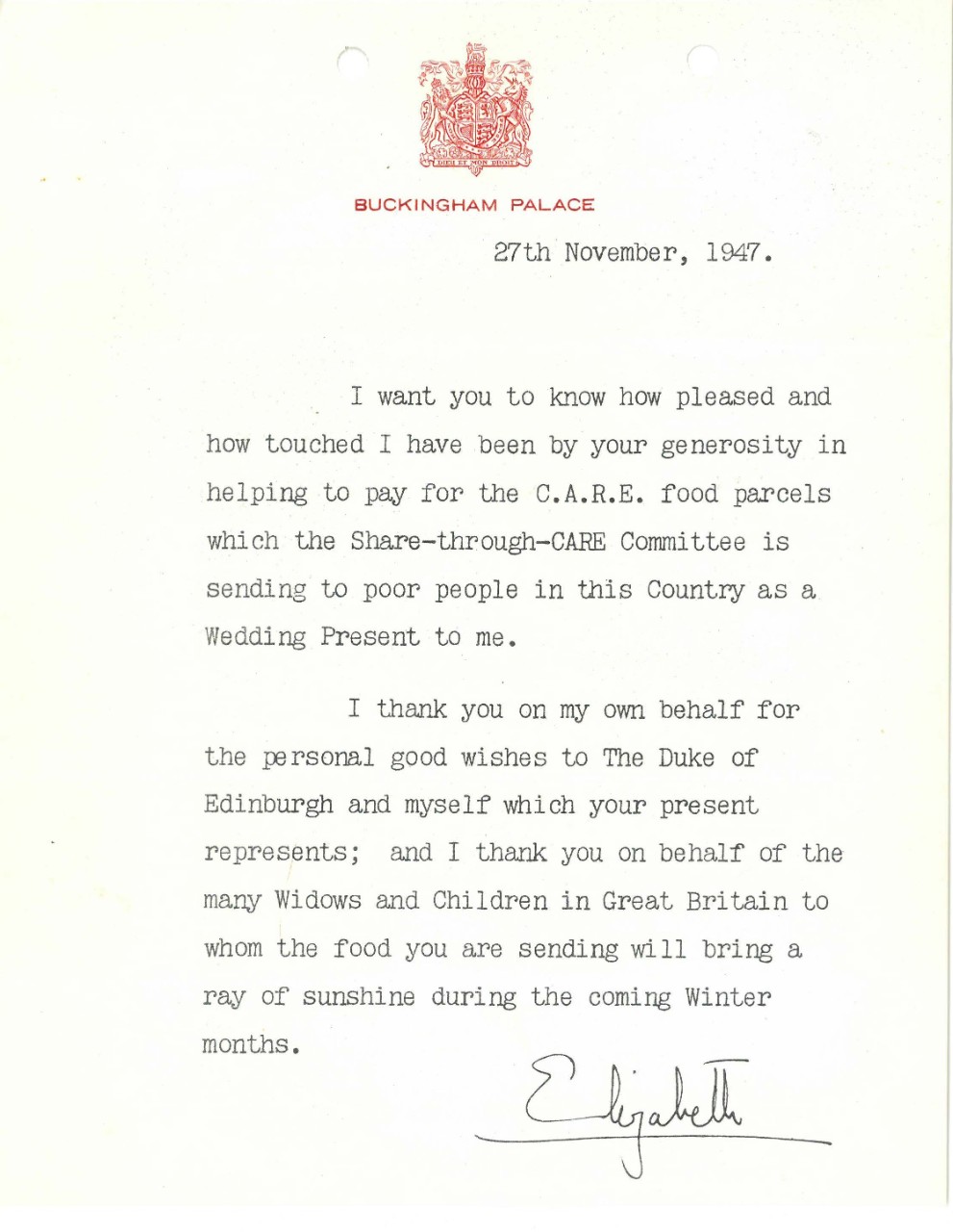 Letter from Princess Elizabeth to Admiral Stark, November 27, 1947