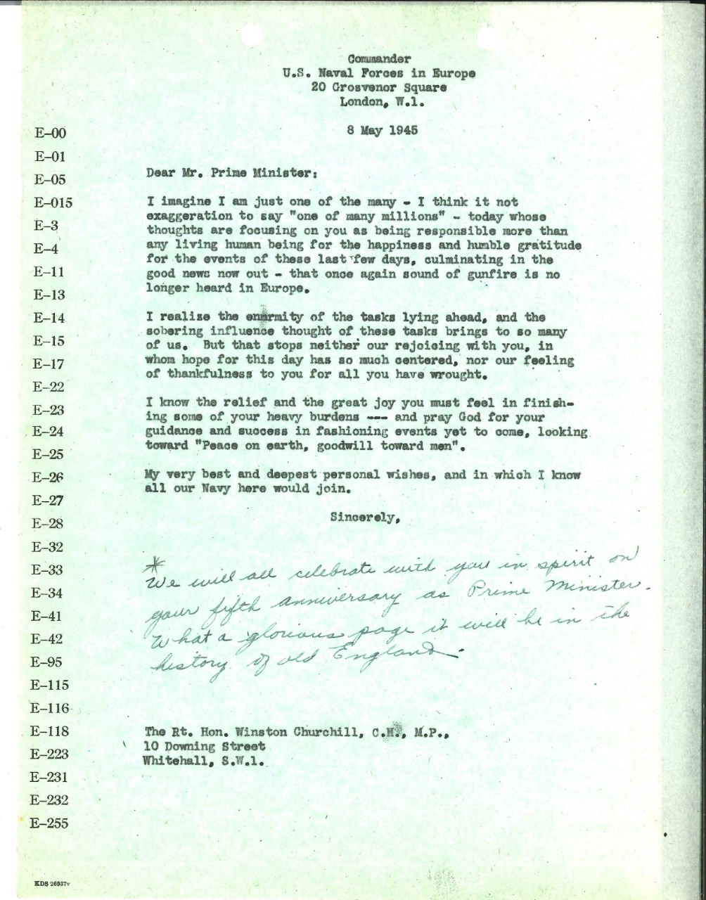 <p>Letter from Admiral Harold Stark to Winston Churchill, May 8, 1945</p>