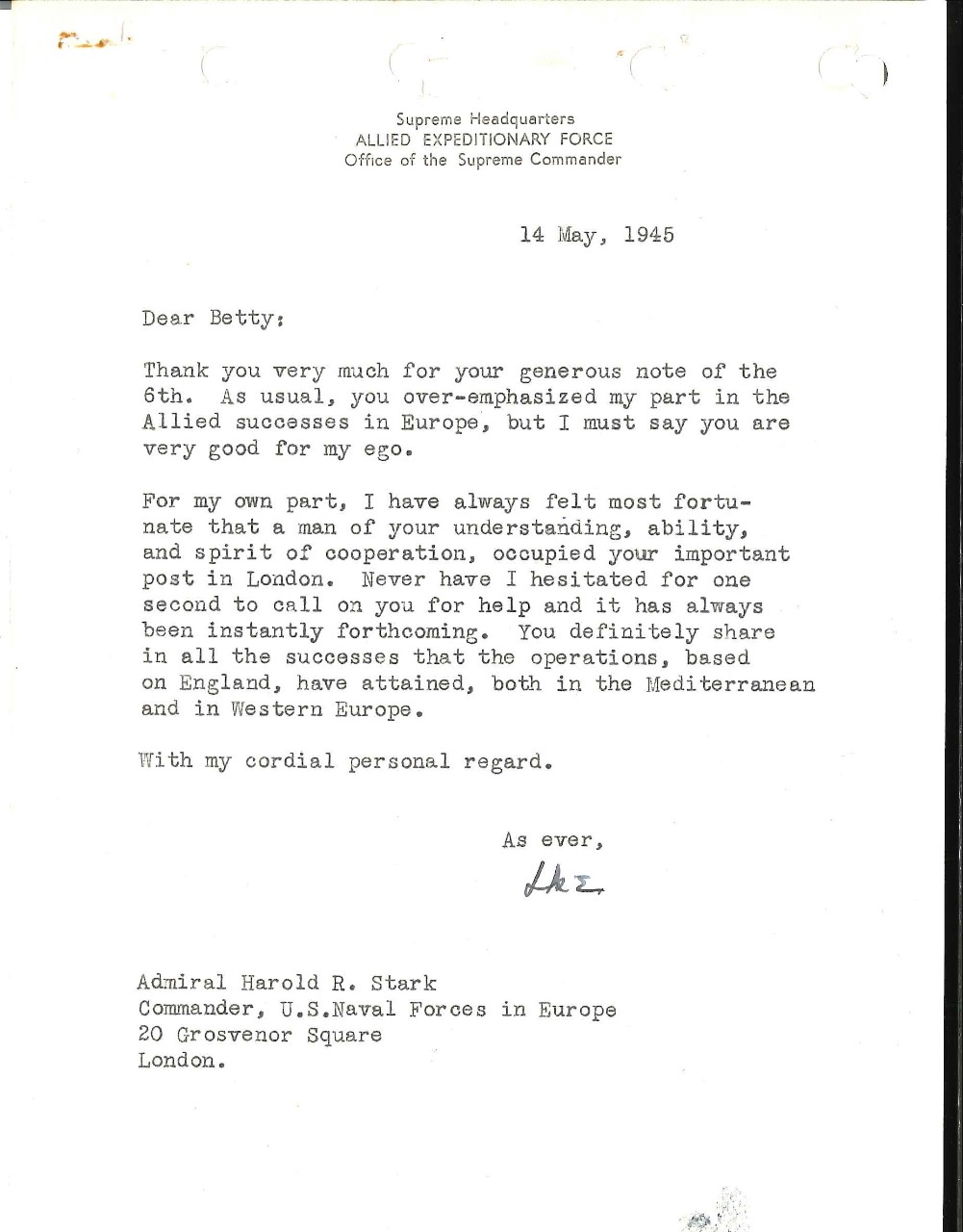 Letter from General Dwight D. Eisenhower to Admiral Harold "Betty" Stark, May 14, 1945