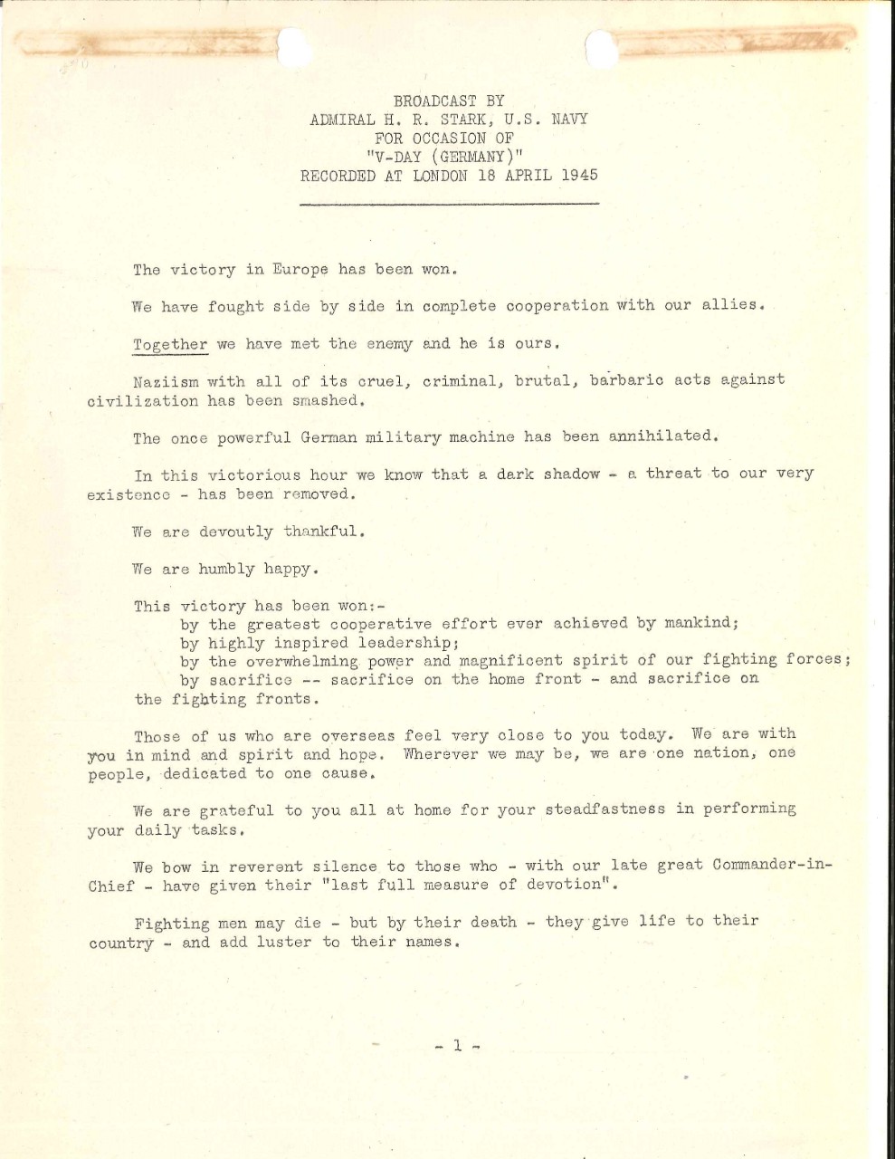 <p>VE Day radio broadcast by Admiral Harold Stark, April 18, 1945, page 1</p>