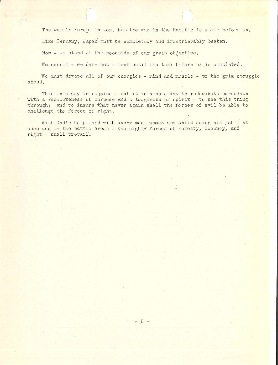 <p>VE Day radio broadcast by Admiral Harold Stark, April 18, 1945, page 2</p>
