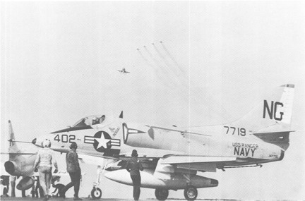 Image of With part of her Air Group overhead, RANGER prepares to launch an A-4 SKYHAWK