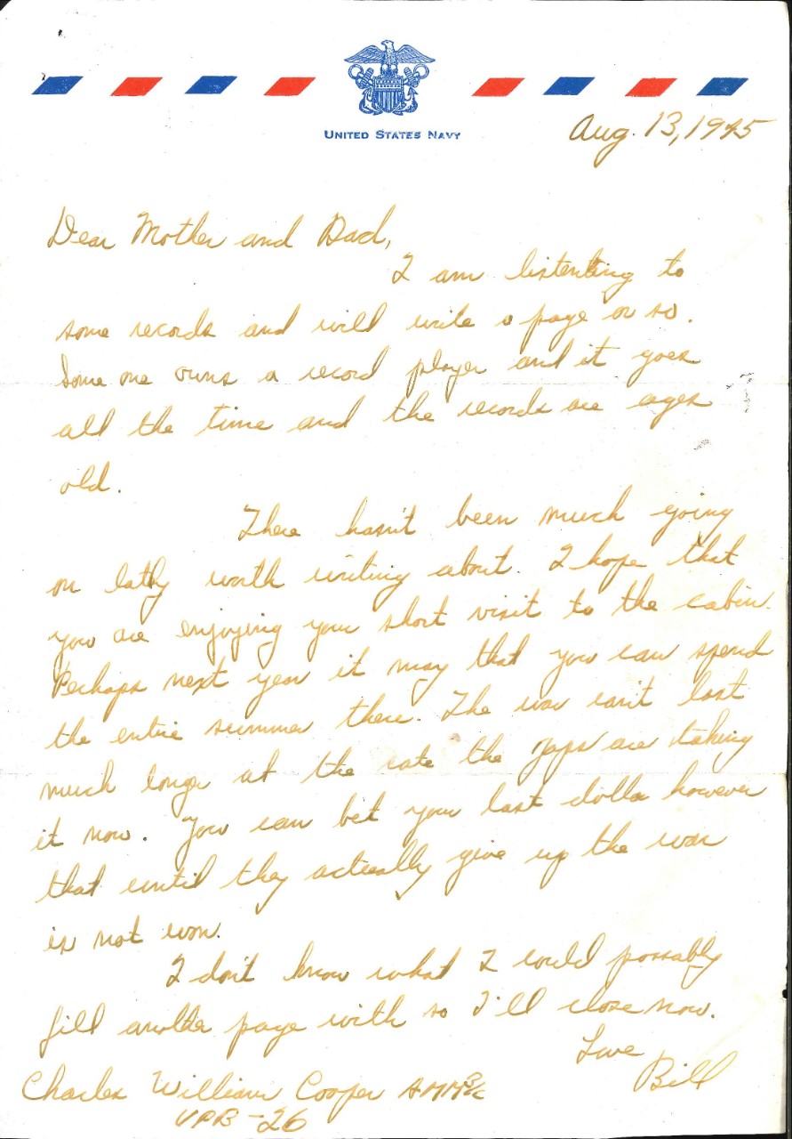 <p>Letter from Charles W. Cooper to his parents, Aug. 13, 1945</p>