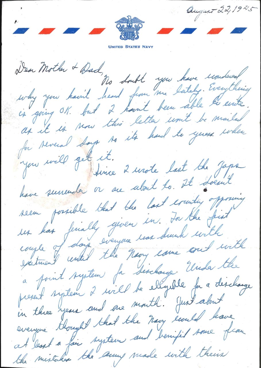 Letter from Charles W. Cooper to his parents, Aug. 22, 1945, page 1
