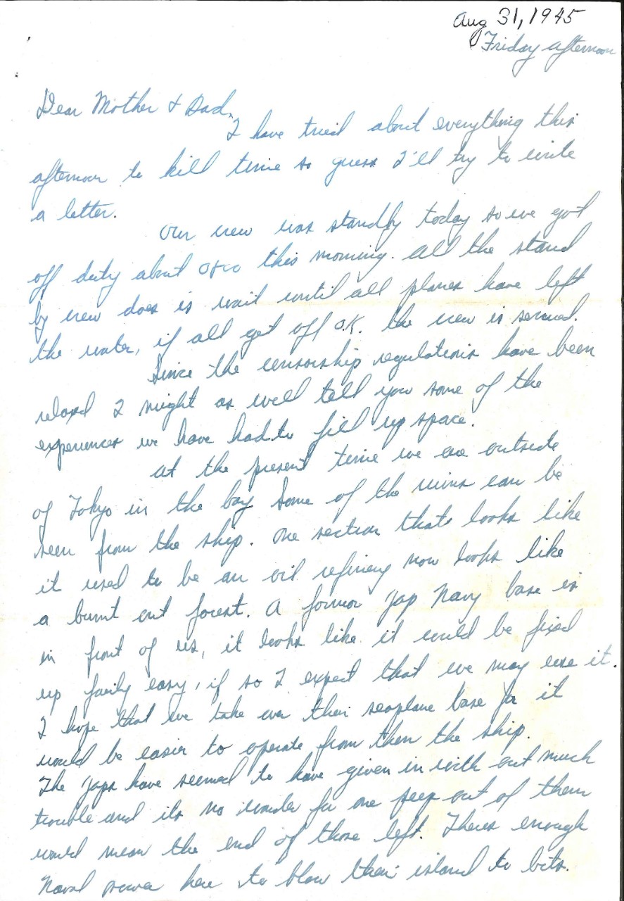 Letter from Charles W. Cooper to his parents, Aug. 31, 1945, page 1