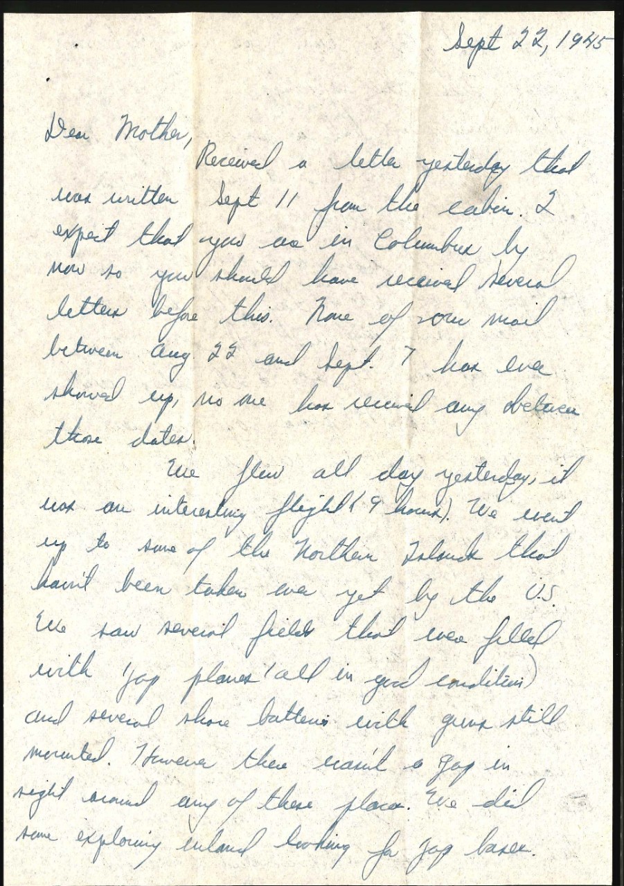 <p>Letter from Charles W. Cooper to his parents, Sep. 22, 1945, page 1</p>
