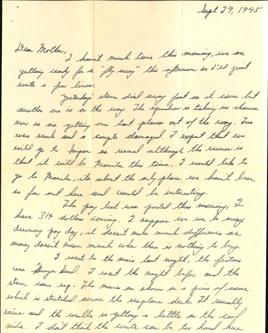 <p>Letter from Charles W. Cooper to his parents, Sep. 29, 1945, page 1</p>