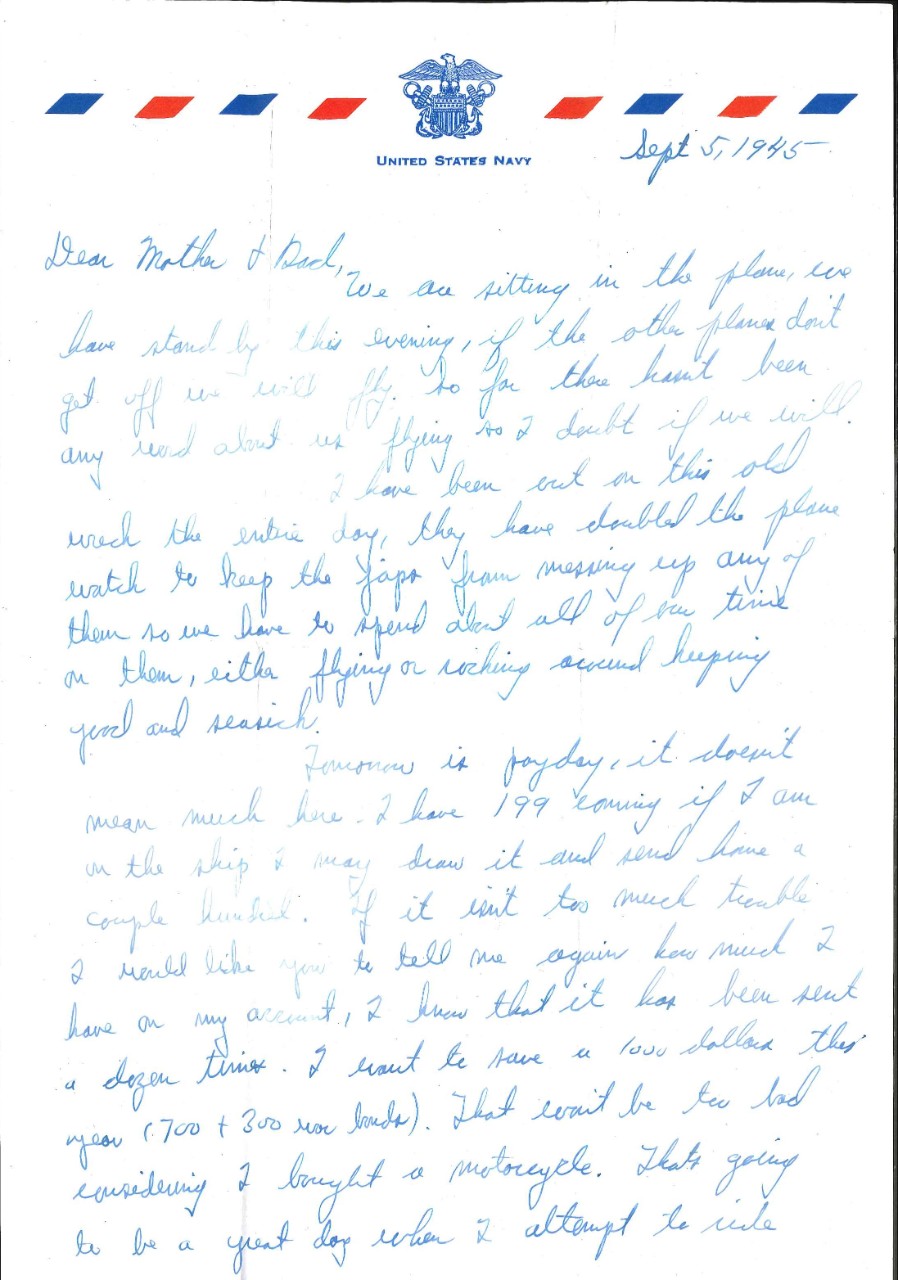 <p>Letter from Charles W. Cooper to his parents, Sep. 5, 1945, page 1</p>