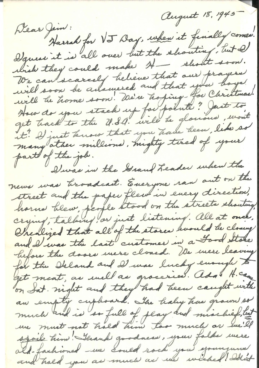 <p>Letter from Wright's family, August 18, 1945, page 1</p>