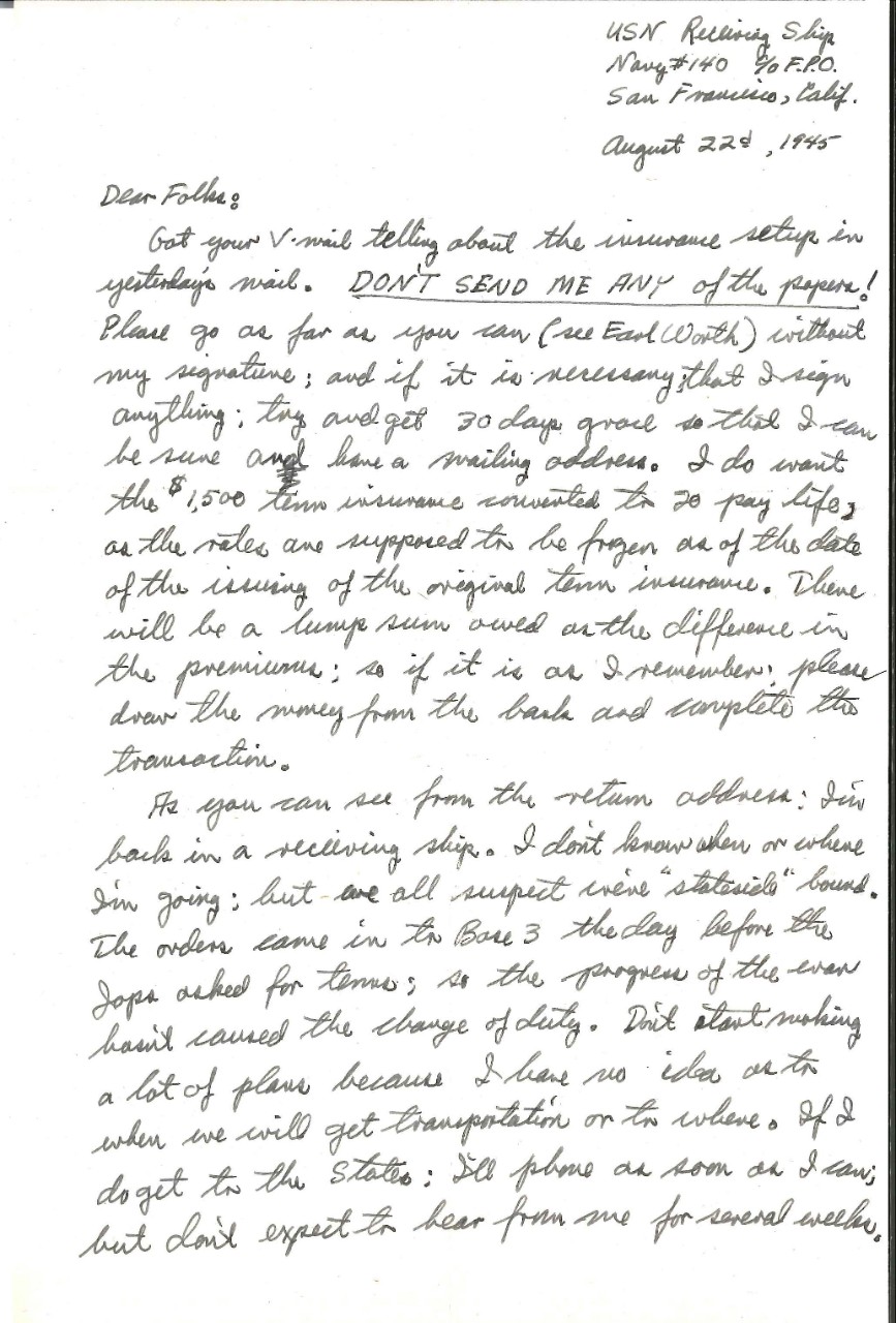 <p>Letter from Wright to his parents, August 22, 1945, page 1</p>